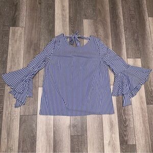 A. Byer Oxford Striped Blue/White Quarter Bell Sleeves Blouse Preppy Office
